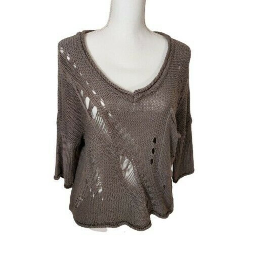 Max Rave S Knit Sweater Gray V Neck 3/4 Sleeves